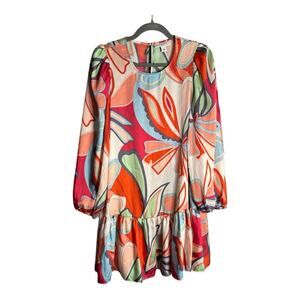 Alexis Orange and Green Floral Print Long Sleeve Drop Waist Dress Size Medium